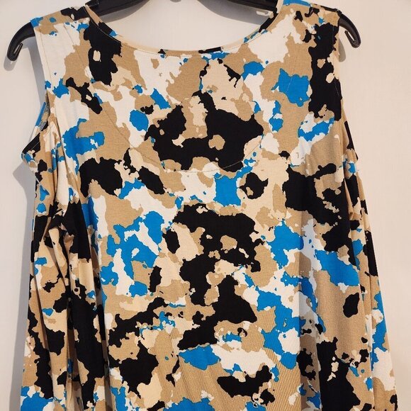 JM Collection Tee PL Aqua Beige Black Scoop Neck Cold Shoulder Top - Picture 9 of 9